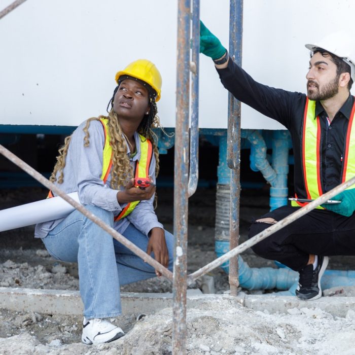 Construction civil engineer man and woman African American checking quality water pipes inside building of work in construction site.