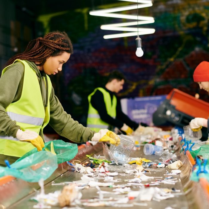 Young volunteers in gloves and safety vests gather around a table filled with waste