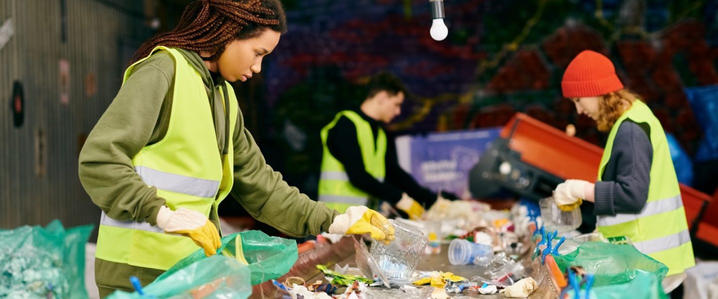 Young volunteers in gloves and safety vests gather around a table filled with waste