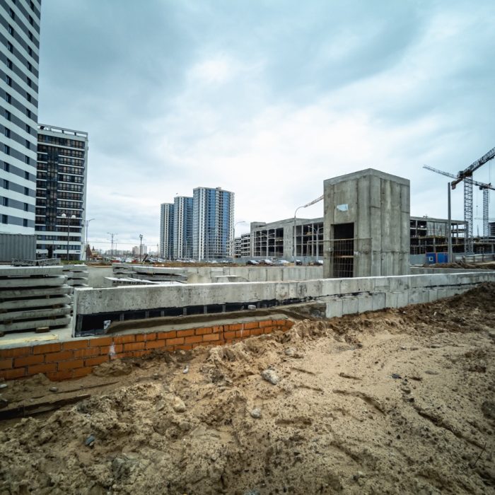 Minsk, Belarus - May 2022: construction of the metro station "Aviation" in the new microdistrict.