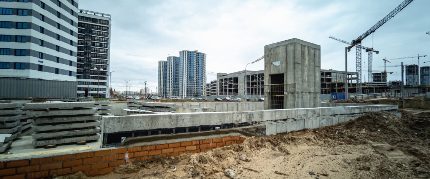 Minsk, Belarus - May 2022: construction of the metro station "Aviation" in the new microdistrict.