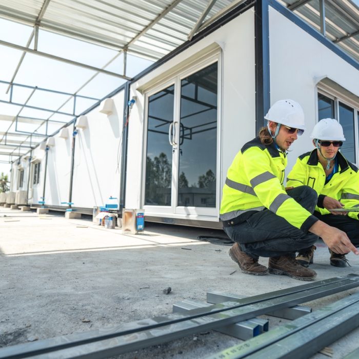 Two engineers in high visibility jackets and helmets discussing construction details using a laptop at a modular building site, focusing on steel beams and emphasizing precision, teamwork, and site planning.